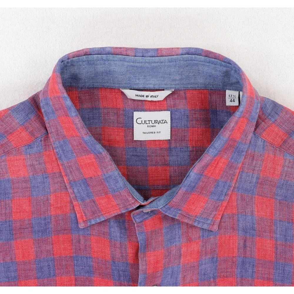 Culturata Shirt Mens XL Red Blue Check Linen Button Up Long Sleeve Made in Italy